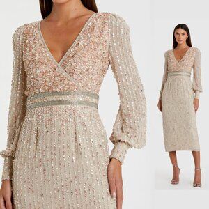 Mac Duggal 93593 Size 2 Nude Cream Beige Embellished Long Sleeve‎ Midi Tea Dress